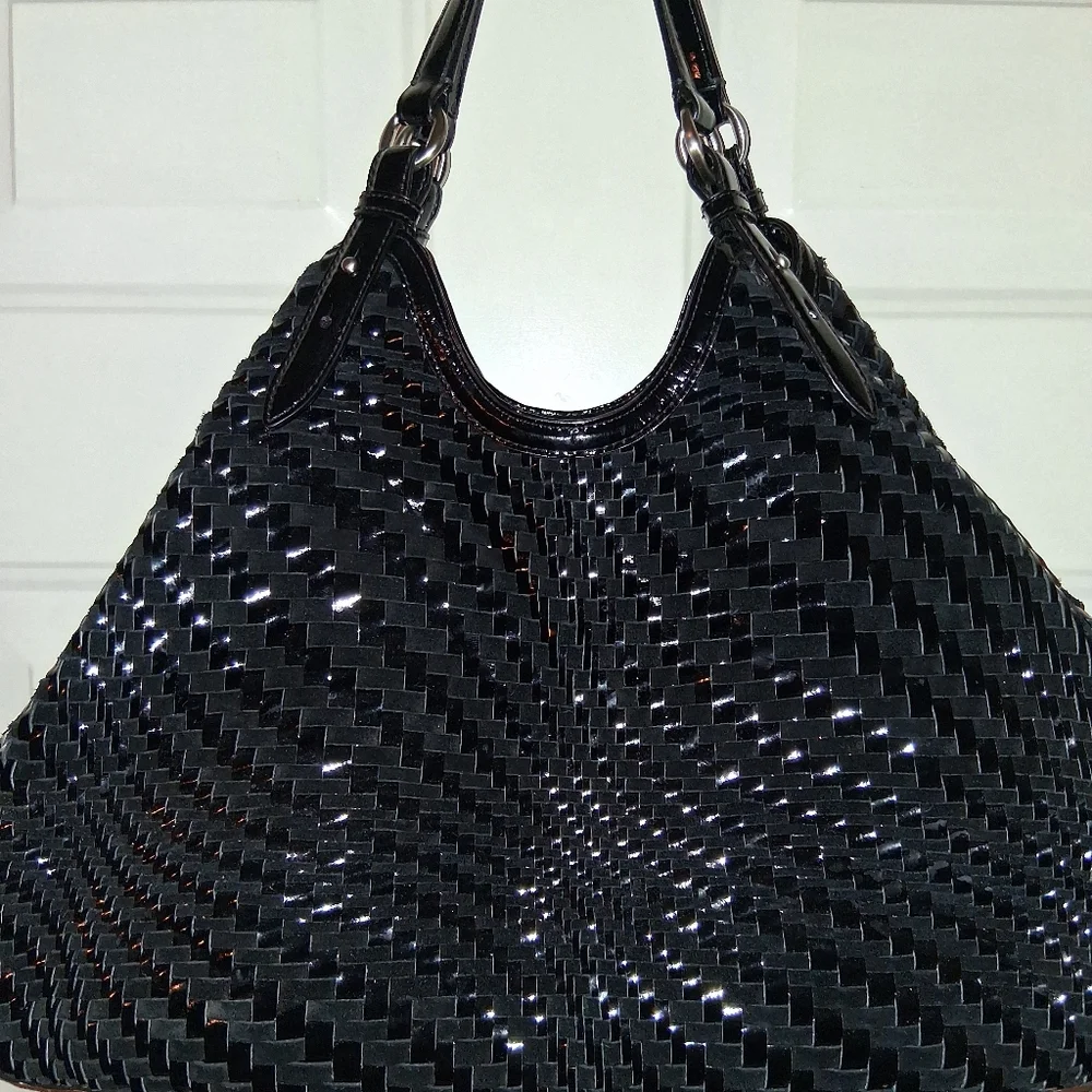 Cole Haan Black Woven Patent Shoulder Tote - Picture 3 of 16